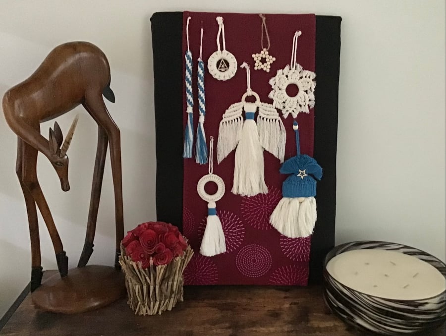 Boho macrame Christmas decoration set- teal trim