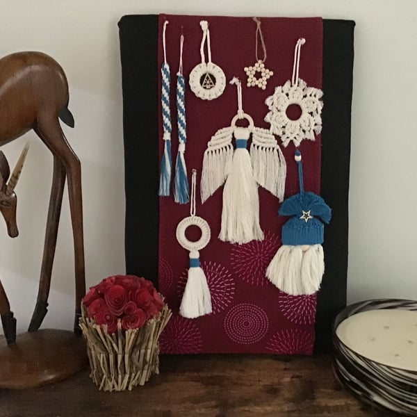 Boho macrame Christmas decoration set- teal trim