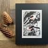 Long Tailed Tits Original Mounted Lino Print