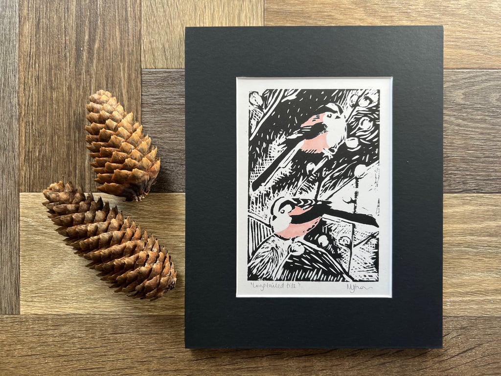 Long Tailed Tits Original Mounted Lino Print
