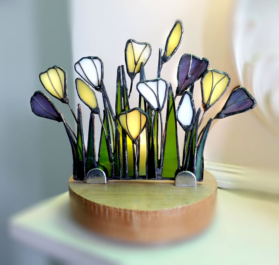 Crocus  Stained Glass Suncatcher Tea Light Holder - Housewarming Valentine Gifts