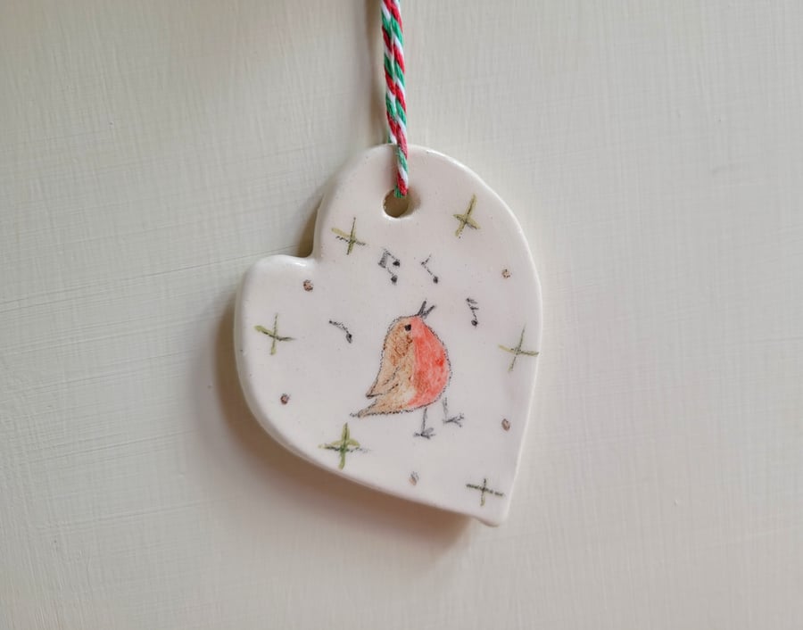 Ceramic christmas robin bird tree heart decoration handmade ornament bauble