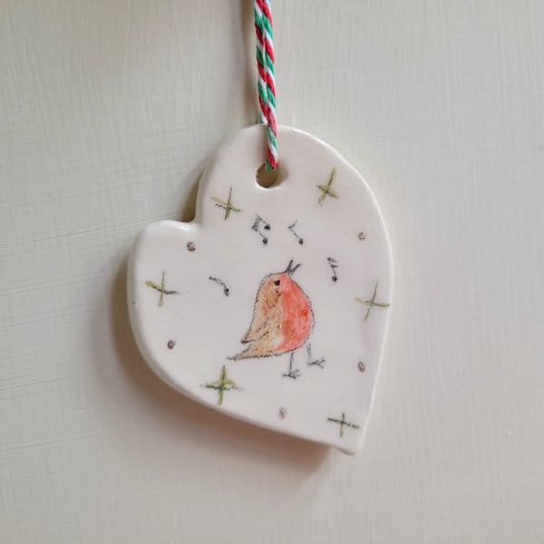 Ceramic christmas robin bird tree heart decoration handmade ornament bauble