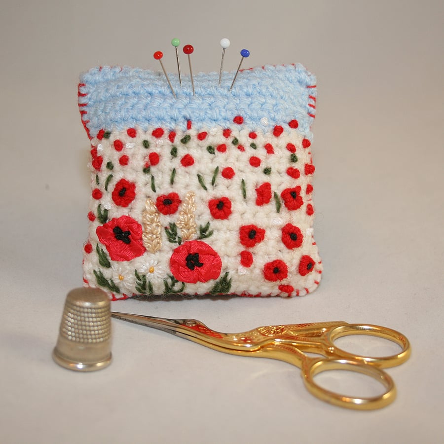 Poppies Pincushion - Embroidered and crocheted