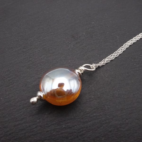 lampwork glass gold pendant necklace, sterling silver chain jewellery