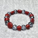 Silver-Grey Chunky Glass Bead and Frosted Dark Red Glass Bead Elastic Bracelet