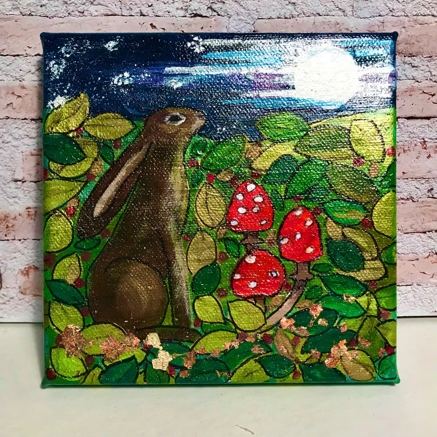 Moon gazing hare painting on canvas
