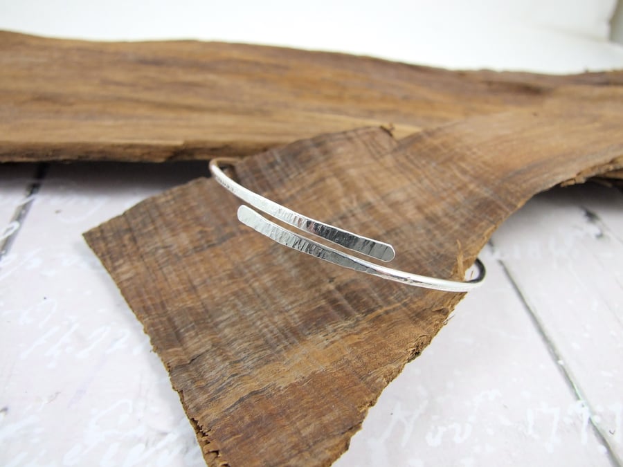 Sterling Silver Simple Textured  Bangle, Adjustable Fit, Wrap Bracelet