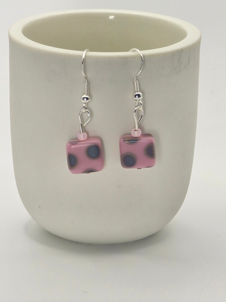 Light pink czech glass cubed earrings with sterling silver hooks