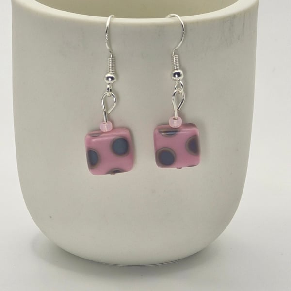 Light pink czech glass cubed earrings with sterling silver hooks