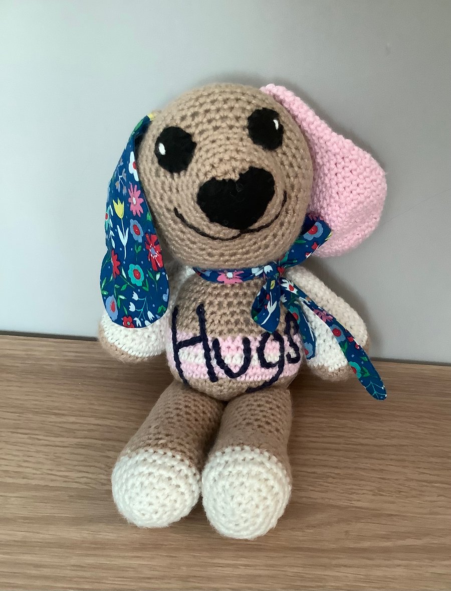 Hand Crocheted Clothears Hugs Puppy. 