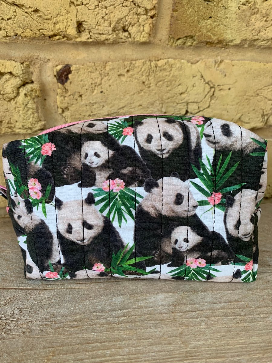 Panda Print Fabric Quilted Box Shape Makeup Bag