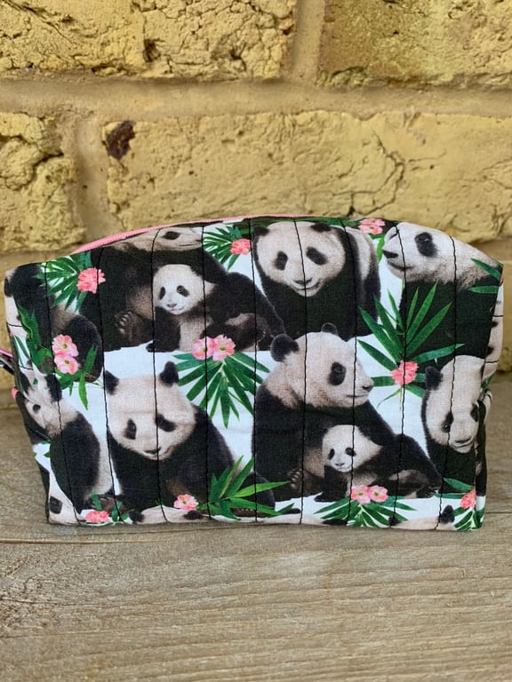 Panda Print Fabric Quilted Box Shape Makeup Bag