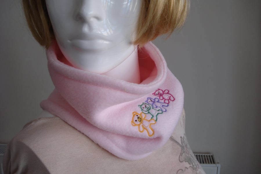 Pink Fleece Neck Warmer Double Thickness With Embroidered Teddies  (R140)