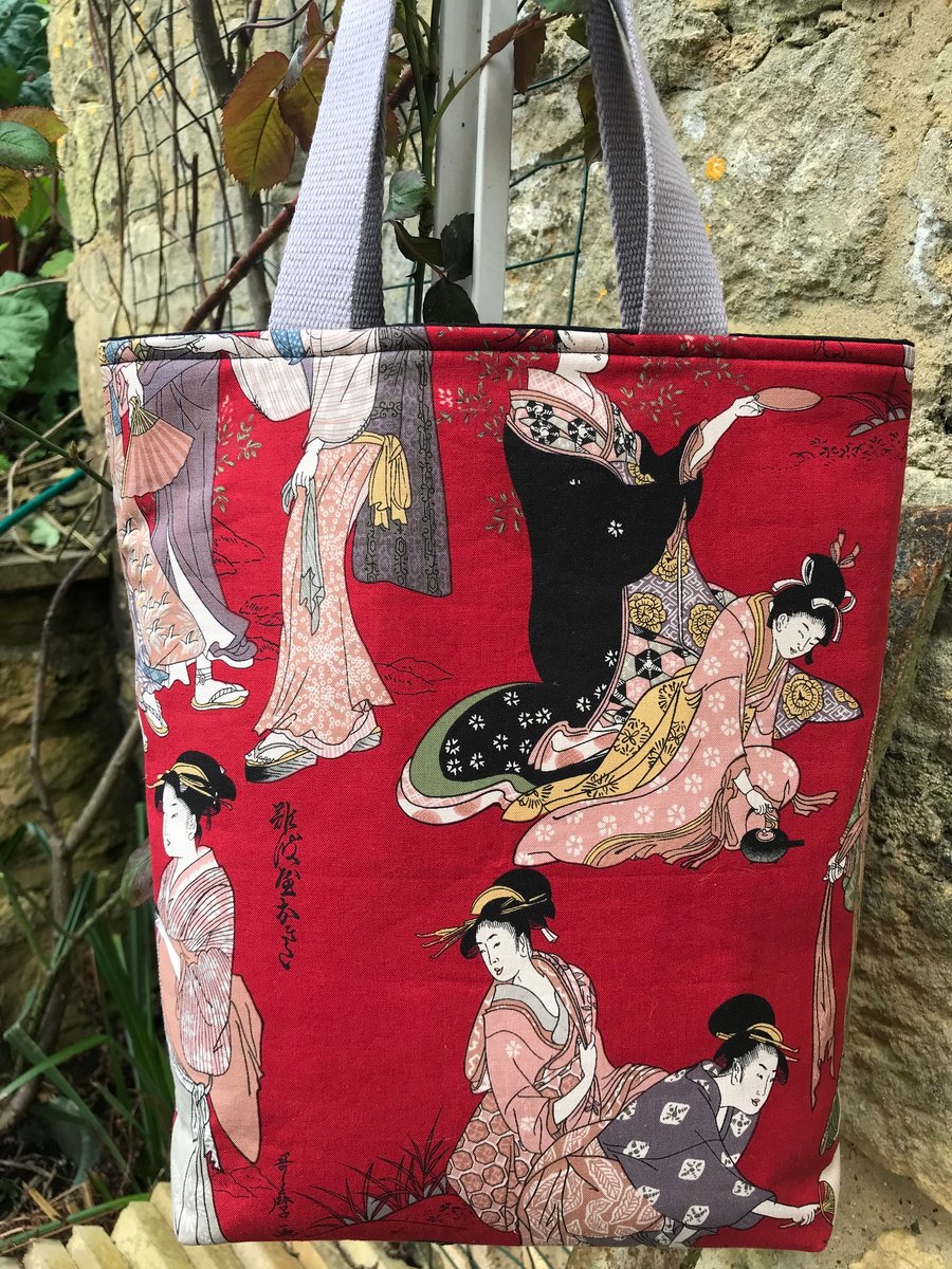 Japanese Fabric Tote Bag in Red & Black Lin... Folksy