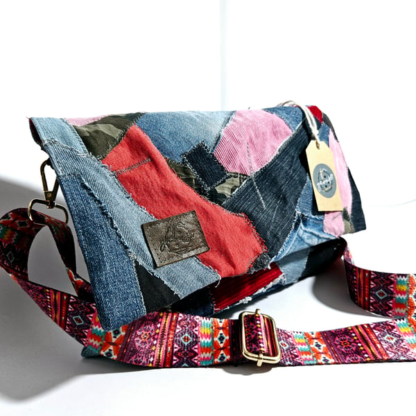 Messenger jeans bag, an adjustable strap, ecofriendly bag, handmade denim bag 