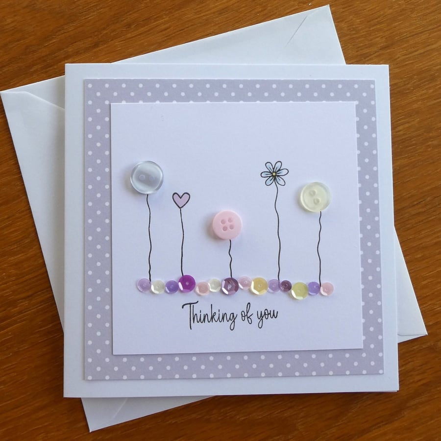 Thinking of You Card - Flowers, Hearts and Sequins - Pastels and Grey