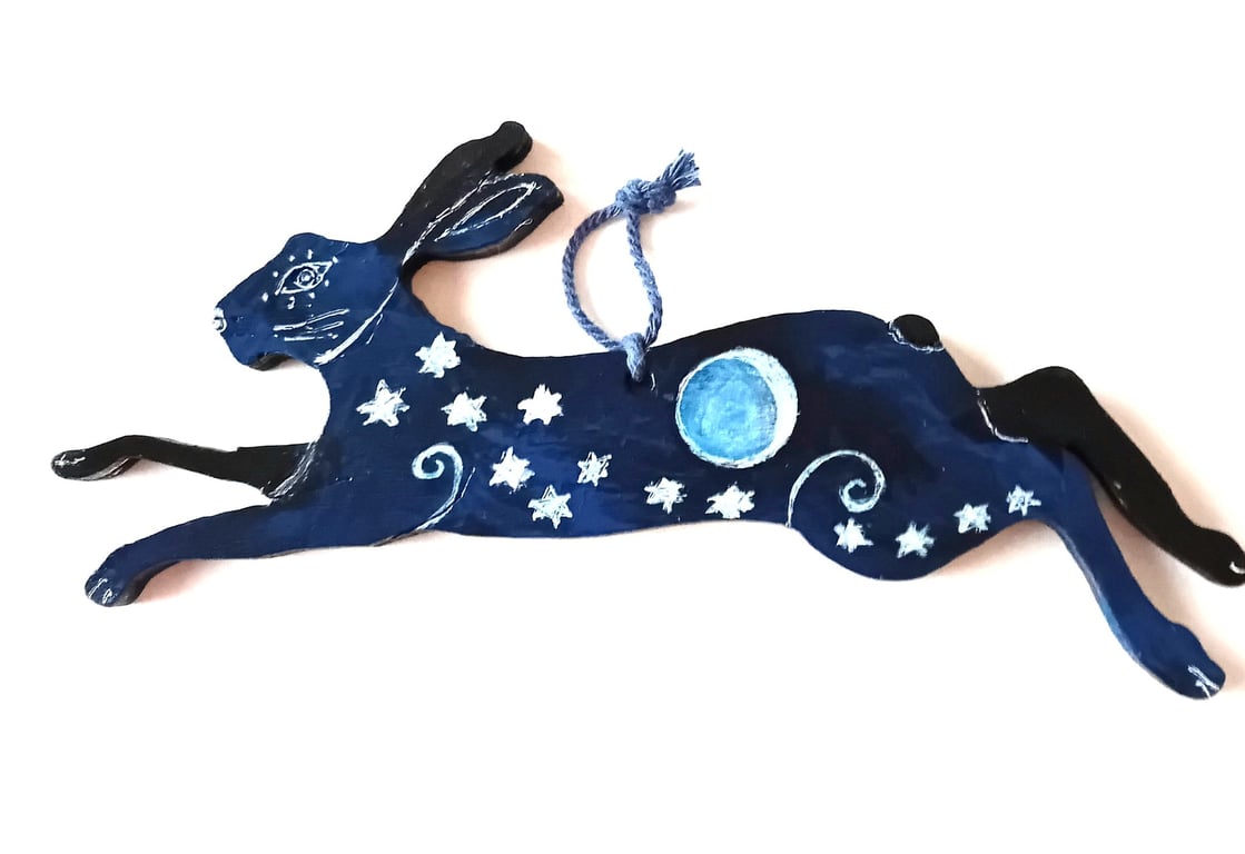 Earthshine hare on wood  hand painted