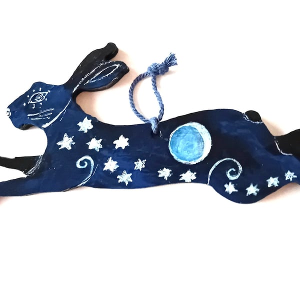 Earthshine hare on wood  hand painted