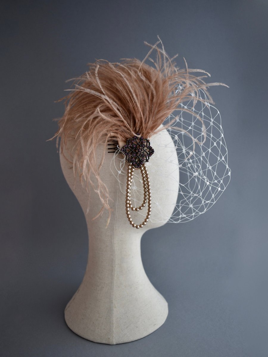 1920s Style Ivory Birdcage Veil with Dusky Ostrich Feathers & Vintage Jewellery