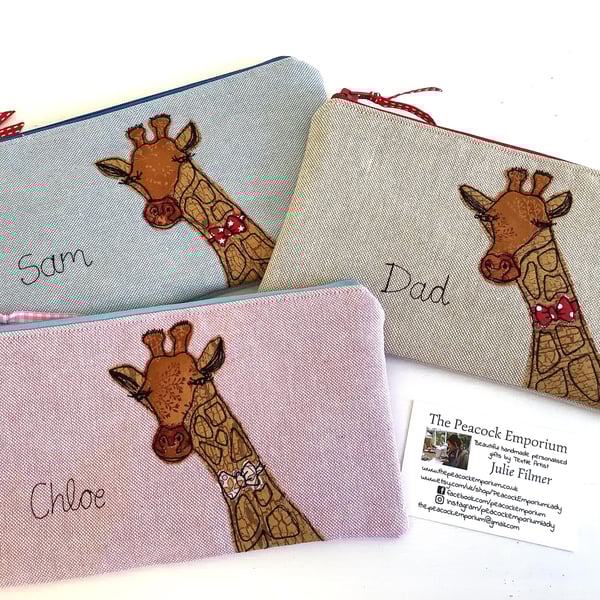 Custom Giraffe Makeup Bag - Personalised Giraffe Cosmetic Pouch - free motion
