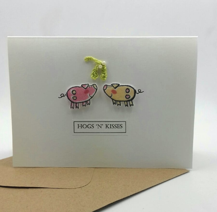 Hogs 'n 'Kisses Card with Crochet Mistletoe 