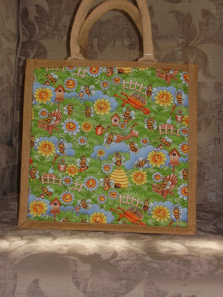 Natural Jute Bag with Comical Bees and Sunflowers Fabric Pocket