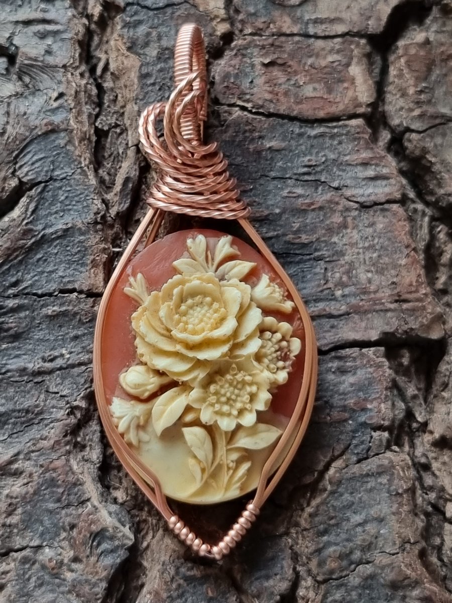 Floral carved cameo wire wrapped with copper wire 