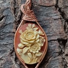 Floral carved cameo wire wrapped with copper wire 