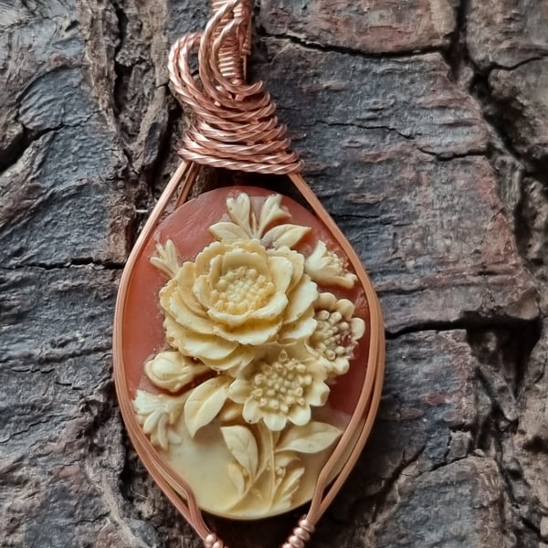 Floral carved cameo wire wrapped with copper wire 