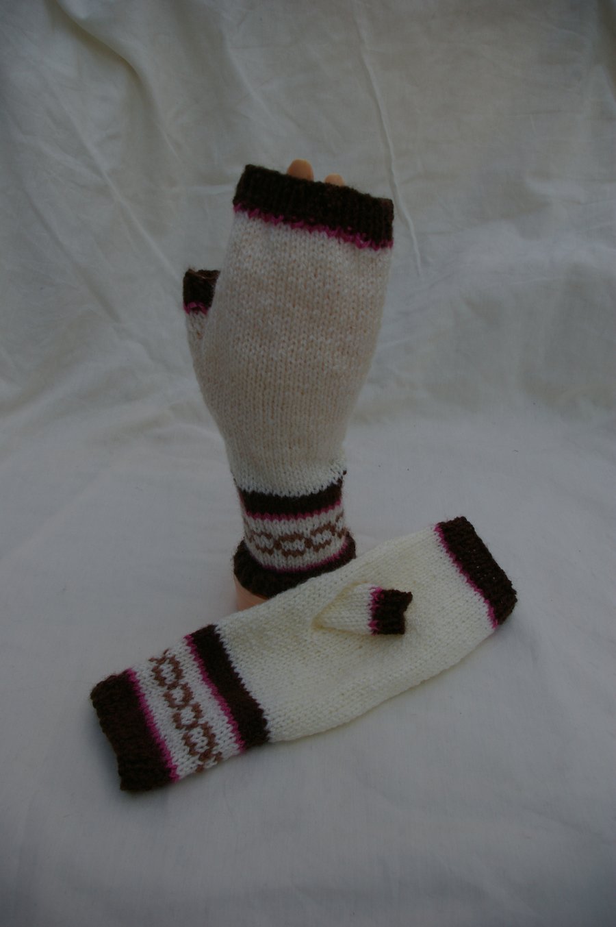 Fingerless Gloves in cream, browns and pink hand knitted
