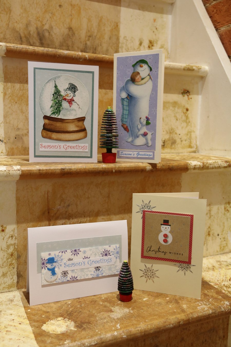 Snowman Christmas Cards with envelopes, 4 assorted designs, upcycled cards