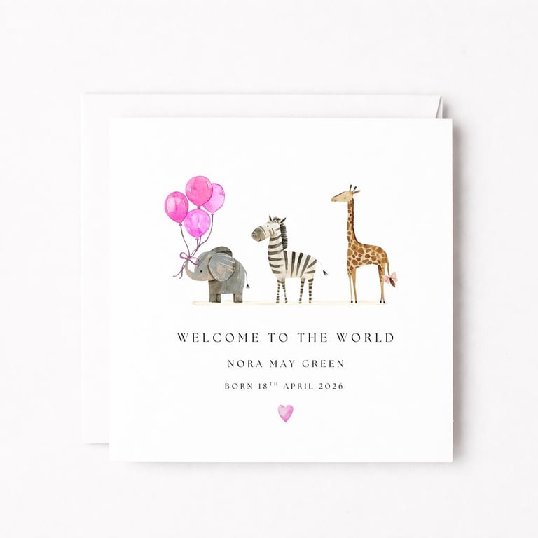 New Baby Girl Custom Personalised Card - Safari Animal Theme 