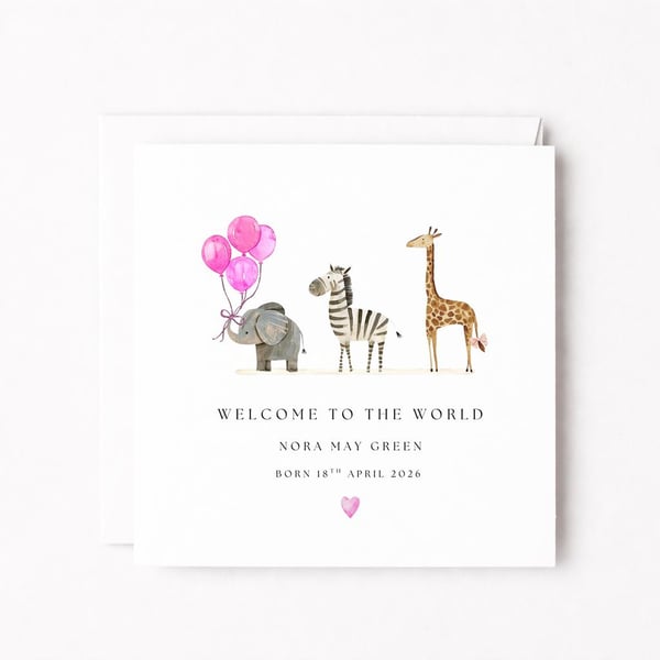 New Baby Girl Custom Personalised Card - Safari Animal Theme 