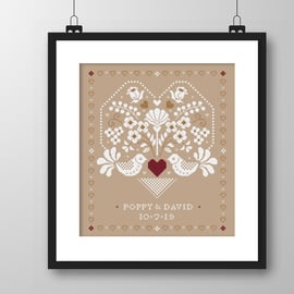 047B - Wedding Sampler (Personalised) Folk Art Love Birds - Cross Stitch Pattern