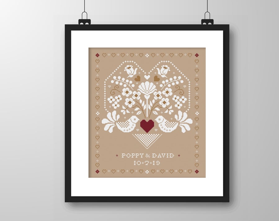 047B - Wedding Sampler (Personalised) Folk Art Love Birds - Cross Stitch Pattern