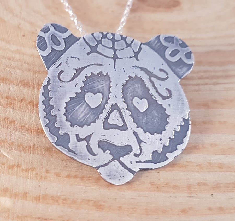 Sterling Silver Etched Sugar Skull Panda Necklace