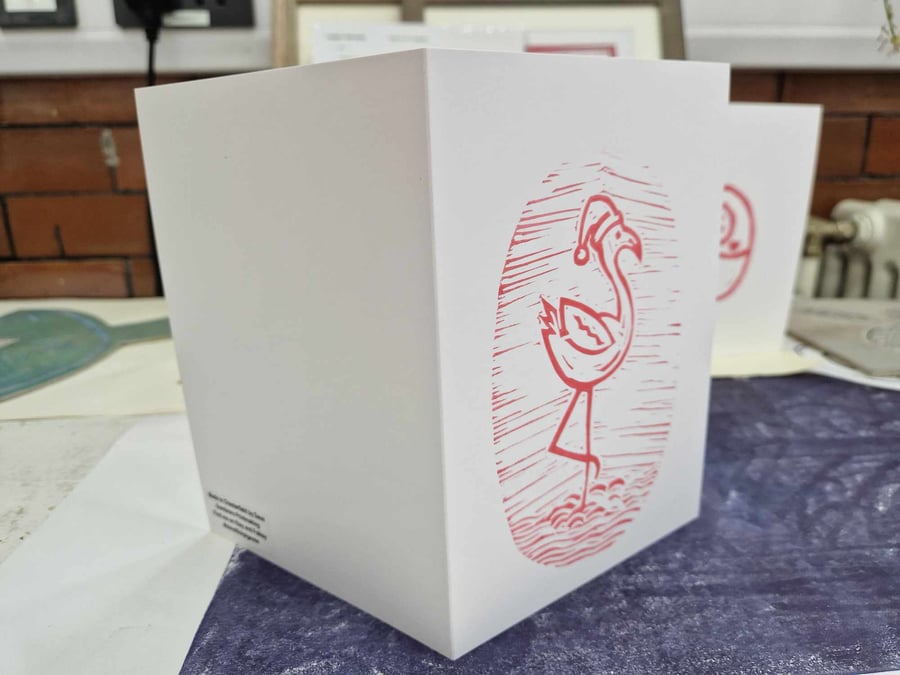 Hand printed Christmas flamingo 7x5" card with envelope.