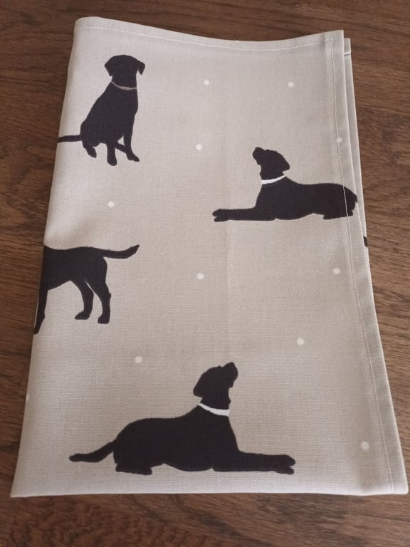 Black Labrador, Dog Tea Towel. Natural Linen look. With Free Delivery