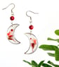 Pressed flower moon earrings, red beaded jewellery, gift for her