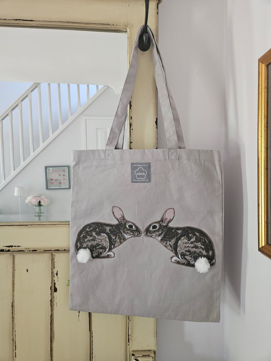 Tote bag with machine stitched printed rabbit & fluffy pompom tails - light grey