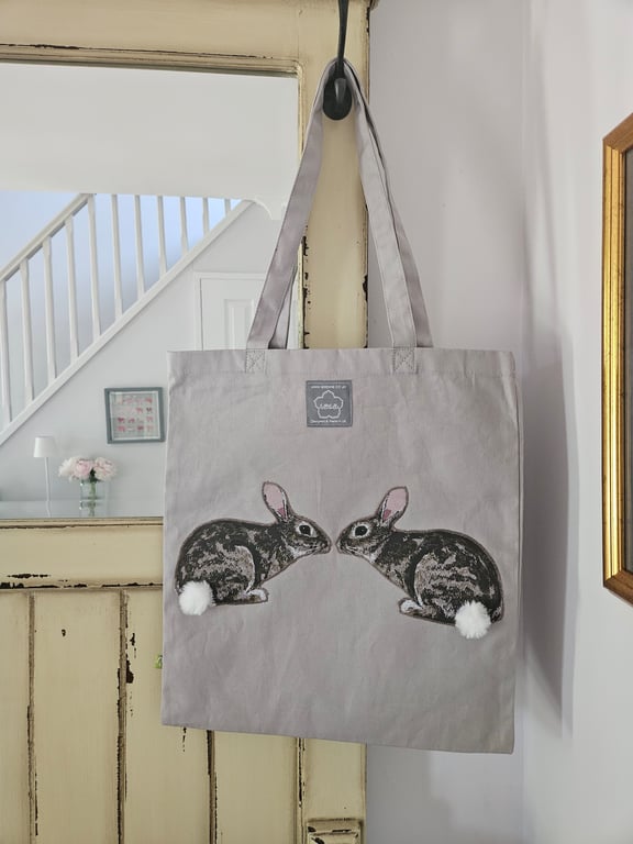 Tote bag with machine stitched printed rabbit & fluffy pompom tails - light grey