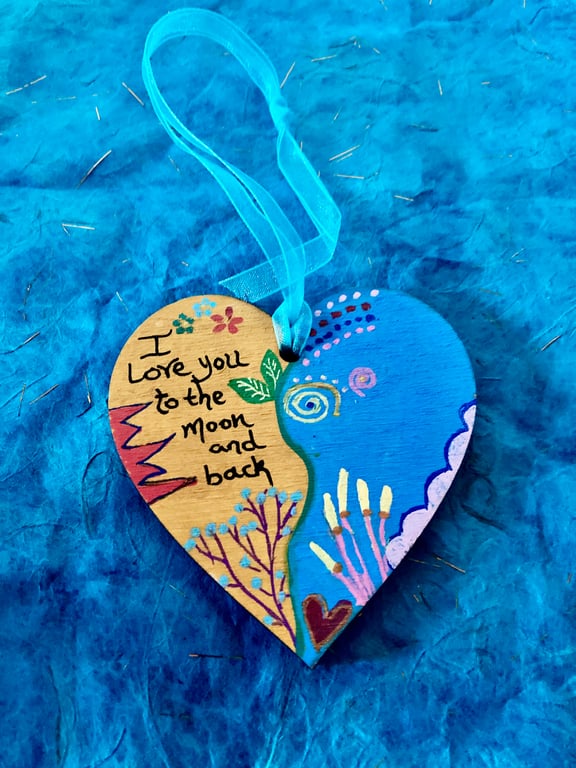 I love you to the moon and back hand painted wooden heart