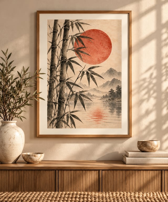 Bamboo Rising Sun Wall Art - Japandi Stillness Print (Physical Print)