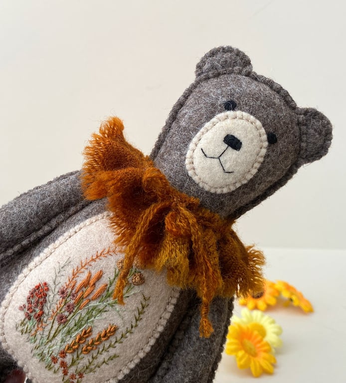 Woodland teddy bear, collectable bear wall hanging, embroidered bear 