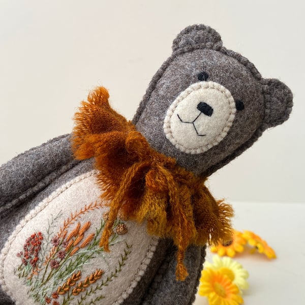 Woodland teddy bear, collectable bear wall hanging, embroidered bear 