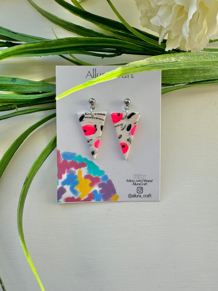 Neon Pink Triangle Stud Dangle Earrings 