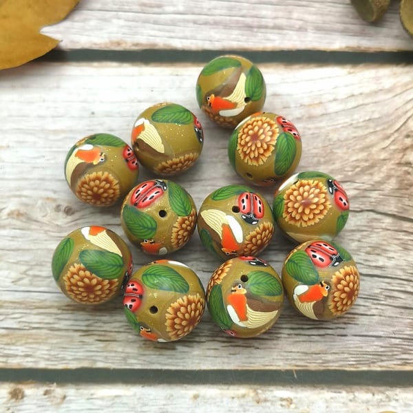 Nature beads - ladybird, robin, flowers and leaves. 