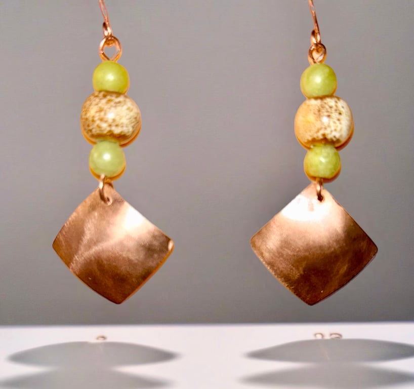 Earrings Jade Oxidised Domed Copper 7 Yr Anniversary, Mothers day, Birthday