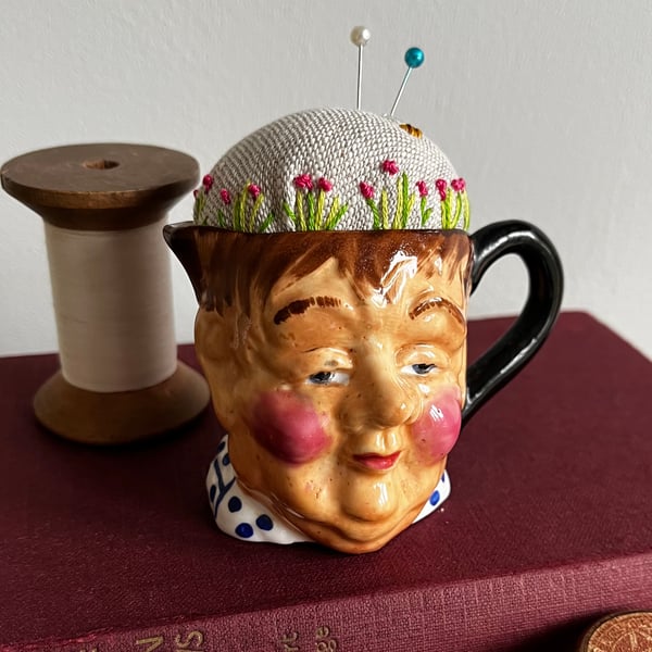 Pin cushion - vintage Toby jug - embroidered flowers and bee